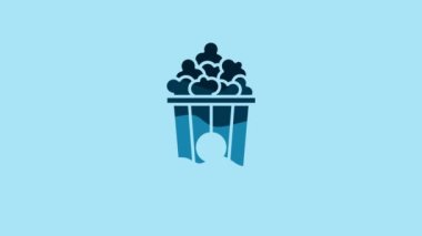 Blue Popcorn in cardboard box icon isolated on blue background. Popcorn bucket box. 4K Video motion graphic animation.
