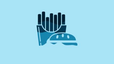 Blue Burger and french fries in carton package box icon isolated on blue background. Hamburger, cheeseburger sandwich. Fast food menu. 4K Video motion graphic animation.