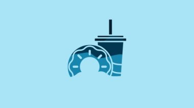 Blue Paper glass with drinking straw and donut icon isolated on blue background. Soda aqua drink sign. Fast food menu. 4K Video motion graphic animation.