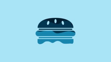 Blue Burger icon isolated on blue background. Hamburger icon. Cheeseburger sandwich sign. Fast food menu. 4K Video motion graphic animation.