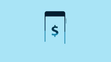 Blue Smartphone with dollar symbol icon isolated on blue background. Online shopping concept. Financial mobile phone icon. Online payment. 4K Video motion graphic animation.