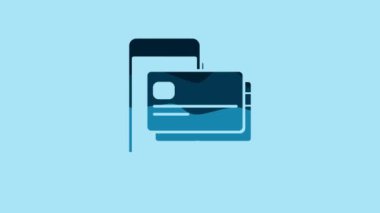 Blue Mobile phone and credit card icon isolated on blue background. Smartphone online payment concept. NFC payment. Transfer icon. 4K Video motion graphic animation.