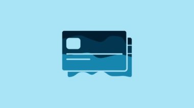 Blue Credit card icon isolated on blue background. Online payment. Cash withdrawal. Financial operations. Shopping sign. 4K Video motion graphic animation.