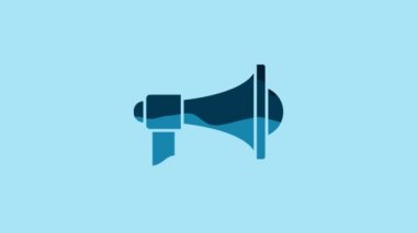 Blue Megaphone icon isolated on blue background. Loud speach alert concept. Bullhorn for Mouthpiece scream promotion. 4K Video motion graphic animation.