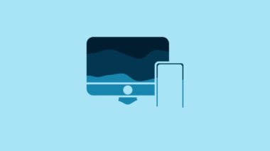 Blue Computer monitor and mobile phone icon isolated on blue background. Earnings in the Internet, marketing. 4K Video motion graphic animation.