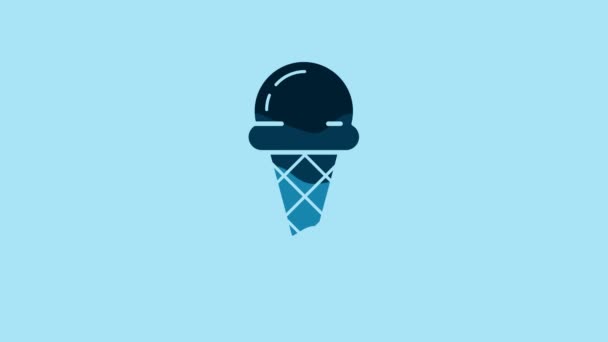 蓝色雪糕在华夫饼锥形图标孤立在蓝色背景 甜蜜的象征 4K视频运动图形动画 — 图库视频影像