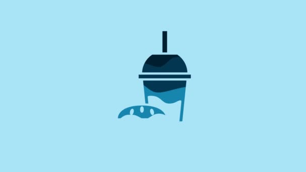 青の背景には ストローとバーガーのアイコンが描かれたブルーペーパーグラス ソーダアクアドリンクの看板 ハンバーガーチーズバーガーサンドイッチ 4Kビデオモーショングラフィックアニメーション — ストック動画