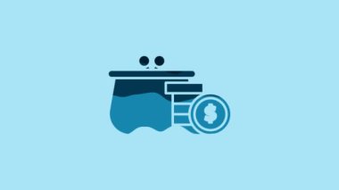 Blue Wallet with coins icon isolated on blue background. Purse icon. Cash savings symbol. 4K Video motion graphic animation.