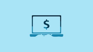 Blue Laptop with dollar symbol icon isolated on blue background. Online shopping concept. Earnings in the Internet, marketing. 4K Video motion graphic animation.