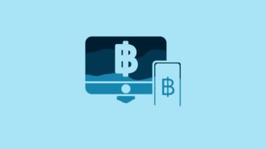 Blue Computer monitor with mobile phone and bitcoin icon isolated on blue background. Online shopping concept. Earnings in the Internet. 4K Video motion graphic animation.