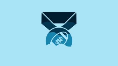 Blue American Football ball with medal icon isolated on blue background. 4K Video motion graphic animation.