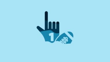 Blue Number 1 one fan hand glove with finger raised and american football ball icon isolated on blue background. Set of sport equipment. 4K Video motion graphic animation.