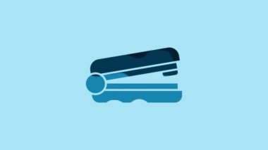 Blue Office stapler icon isolated on blue background. Stapler, staple, paper, cardboard, office equipment. 4K Video motion graphic animation.