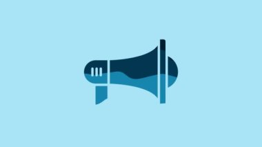 Blue Megaphone icon isolated on blue background. Loud speach alert concept. Bullhorn for Mouthpiece scream promotion. 4K Video motion graphic animation.