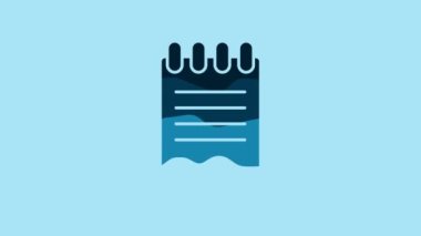 Blue Notebook icon isolated on blue background. Spiral notepad icon. School notebook. Writing pad. Diary for business. Notebook cover design. 4K Video motion graphic animation.
