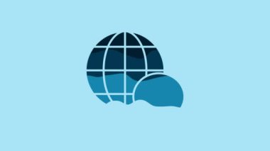 Blue World map made from speech bubble icon isolated on blue background. Global communication scheme on Earth. 4K Video motion graphic animation.
