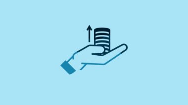 Blue Money on hand icon isolated on blue background. Palm holds cash with arrow up. Cash salary increase. Rising prices. 4K Video motion graphic animation.