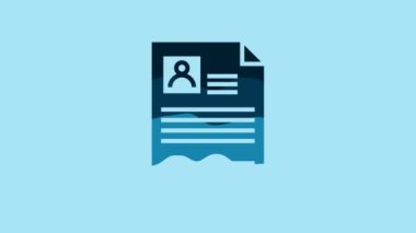 Blue Resume icon isolated on blue background. CV application. Searching professional staff. Analyzing personnel resume. 4K Video motion graphic animation.