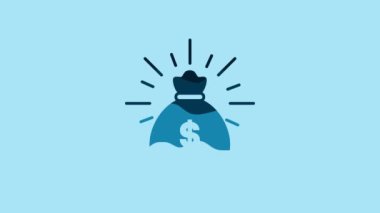 Blue Money bag icon isolated on blue background. Dollar or USD symbol. Cash Banking currency sign. 4K Video motion graphic animation.