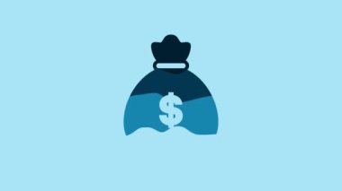 Blue Money bag icon isolated on blue background. Dollar or USD symbol. Cash Banking currency sign. 4K Video motion graphic animation.