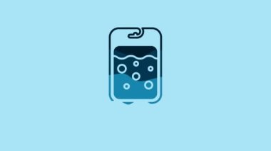 Blue IV bag icon isolated on blue background. Blood bag icon. Donate blood concept. The concept of treatment and therapy, chemotherapy. 4K Video motion graphic animation.