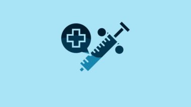 Blue Medical syringe with needle icon isolated on blue background. Vaccination, injection, vaccine, insulin concept. 4K Video motion graphic animation.