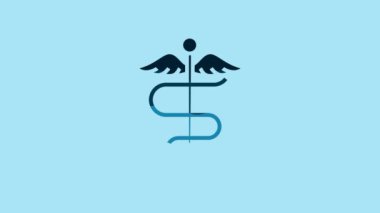 Blue Caduceus snake medical symbol icon isolated on blue background. Medicine and health care. Emblem for drugstore or medicine, pharmacy. 4K Video motion graphic animation.