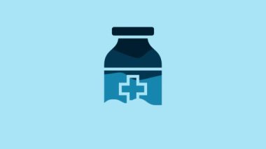 Blue Medicine bottle icon isolated on blue background. Bottle pill sign. Pharmacy design. 4K Video motion graphic animation.