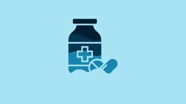 Blue Medicine bottle and pills icon isolated on blue background. Bottle pill sign. Pharmacy design. 4K Video motion graphic animation.