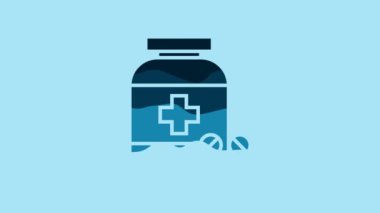 Blue Medicine bottle and pills icon isolated on blue background. Bottle pill sign. Pharmacy design. 4K Video motion graphic animation.
