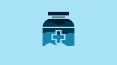 Blue Medicine bottle icon isolated on blue background. Bottle pill sign. Pharmacy design. 4K Video motion graphic animation.