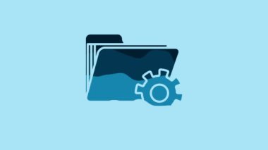 Blue Folder settings with gears icon isolated on blue background. Software update, transfer protocol, teamwork tool management. 4K Video motion graphic animation.