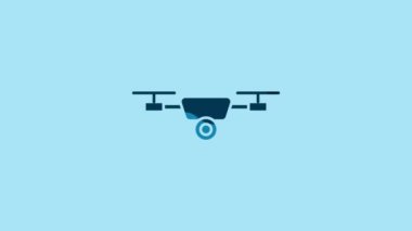 Blue Drone flying with action video camera icon isolated on blue background. Quadrocopter with video and photo camera symbol. 4K Video motion graphic animation.