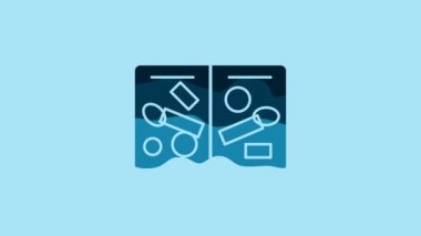 Blue Passport pages with visa stamps icon isolated on blue background. Opened foreign passport with custom visa stamps. Travel concept. 4K Video motion graphic animation.