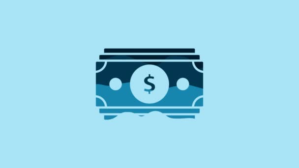 蓝色堆栈纸货币图标孤立在蓝色背景 钞票堆积如山 比尔货币 4K视频运动图形动画 — 图库视频影像