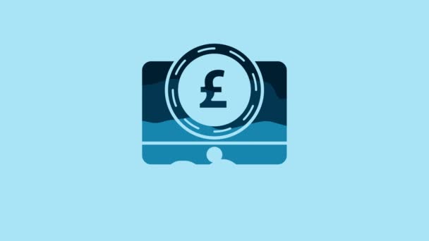 Blue Computer Monitor Pound Sterling Symbol Icon Isolated Blue Background — стоковое видео