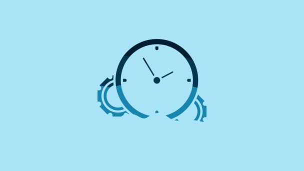青の背景に隔離された青の時間管理アイコン 時計とギアのサイン 生産性のシンボル 4Kビデオモーショングラフィックアニメーション — ストック動画