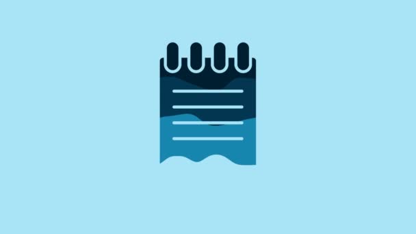 青の背景に隔離された青のノートブックアイコン スパイラルノートパッドのアイコン 学校のノートだ パッドを書く ビジネス用の日記 ノートカバーデザイン 4Kビデオモーショングラフィックアニメーション — ストック動画