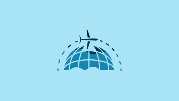 Blue Globe Flying Plane Icon Isolated Blue Background Airplane Fly — Stockvideo