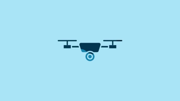 Blue Drone Літає Іконою Екшн Камери Ізольованою Синьому Фоні Квадрокоптер — стокове відео