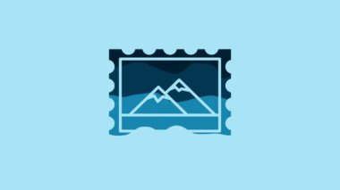 Blue Postal stamp and Mountains icon isolated on blue background. 4K Video motion graphic animation.