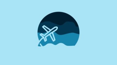 Blue Globe with flying plane icon isolated on blue background. Airplane fly around the planet earth. Aircraft world icon. 4K Video motion graphic animation.