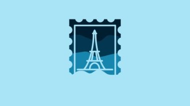 Blue Postal stamp and Eiffel tower icon isolated on blue background. 4K Video motion graphic animation.
