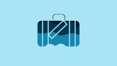 Blue Suitcase for travel and stickers icon isolated on blue background. Traveling baggage sign. Travel luggage icon. 4K Video motion graphic animation.