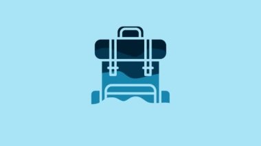 Blue Hiking backpack icon isolated on blue background. Camping and mountain exploring backpack. 4K Video motion graphic animation.