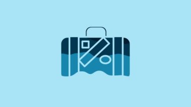 Blue Suitcase for travel and stickers icon isolated on blue background. Traveling baggage sign. Travel luggage icon. 4K Video motion graphic animation.