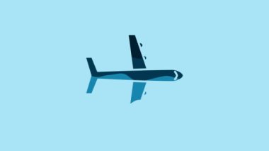 Blue Plane icon isolated on blue background. Flying airplane icon. Airliner sign. 4K Video motion graphic animation.