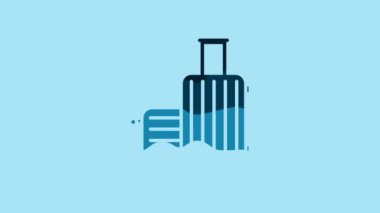 Blue Suitcase for travel icon isolated on blue background. Traveling baggage sign. Travel luggage icon. 4K Video motion graphic animation.