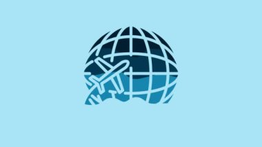 Blue Globe with flying plane icon isolated on blue background. Airplane fly around the planet earth. Aircraft world icon. 4K Video motion graphic animation.