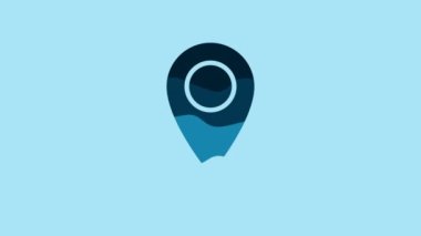 Blue Map pin icon isolated on blue background. Navigation, pointer, location, map, gps, direction, place concept. 4K Video motion graphic animation.